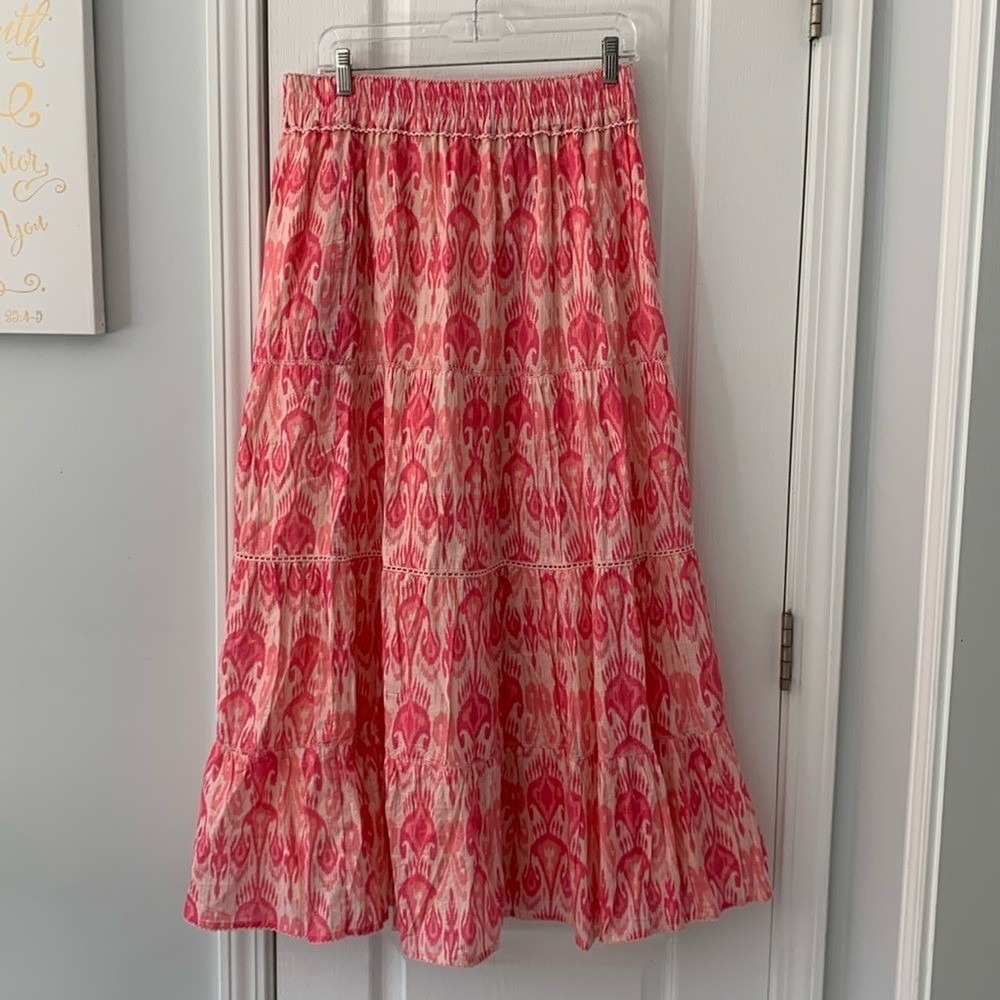 La Plage Breakers Maxi Skirt in Ikat Corals on Gold Lurex size L summer boho